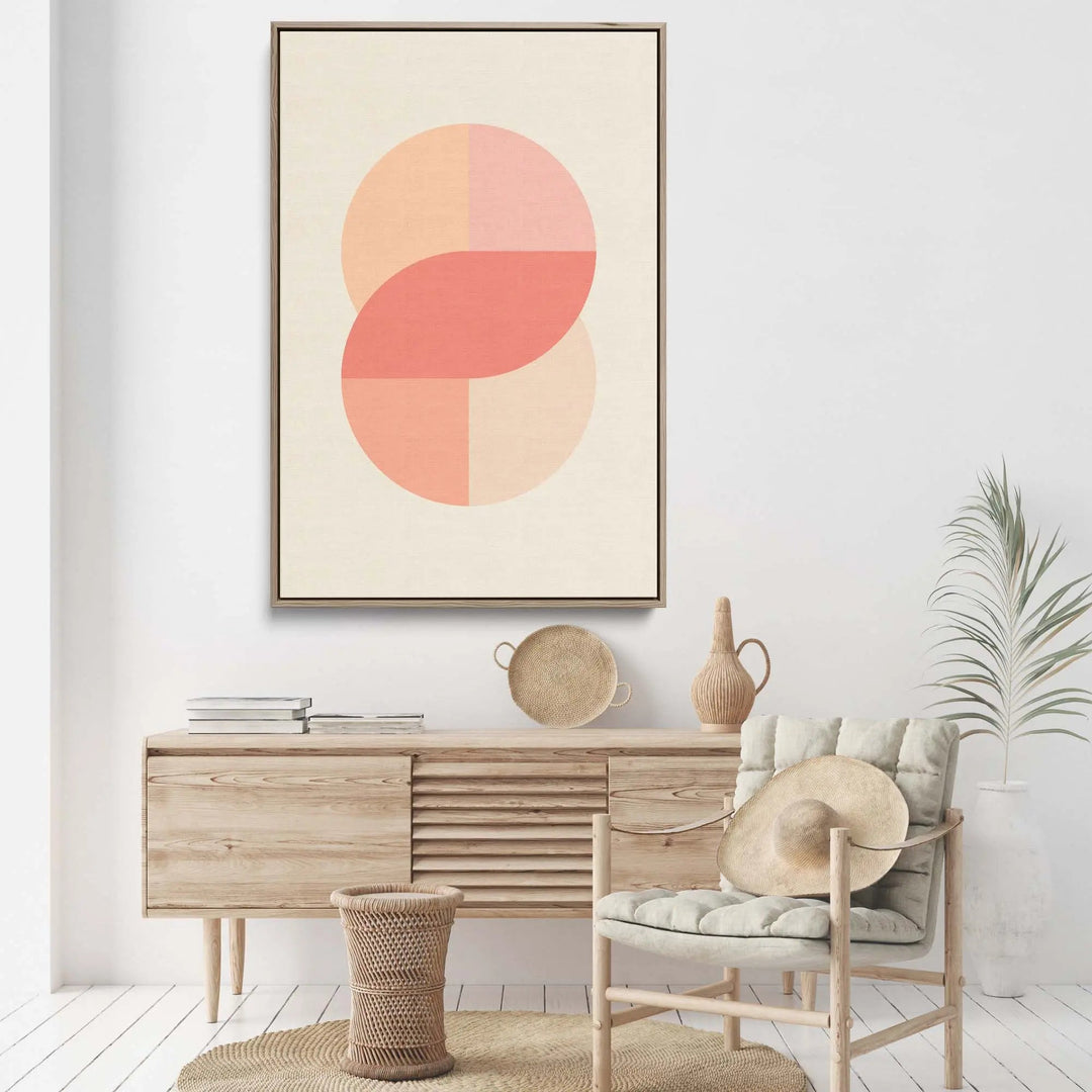 Peach 42 pastel geometric stretched canvas print with overlapping peach and coral circles on cream in wooden frame