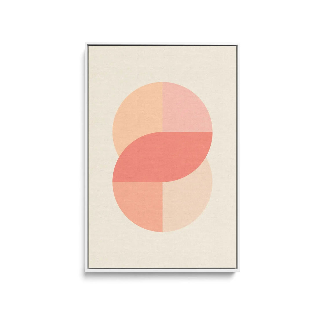 Minimalist abstract peach and coral geometric circles on cream background in black frame pastel geometric fine art print