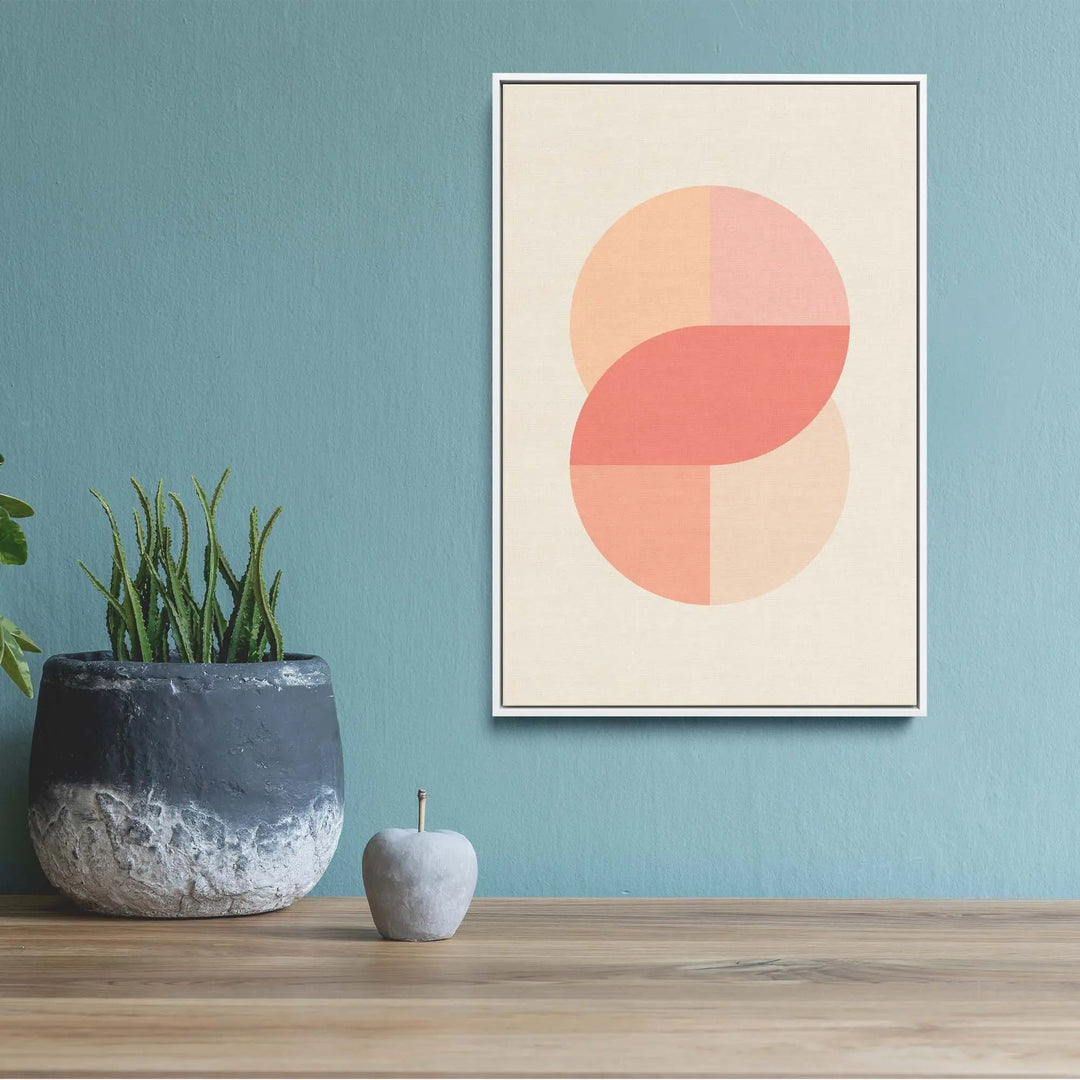 Minimalist abstract peach 42 pastel geometric art print with overlapping coral circles on cream background in white frame