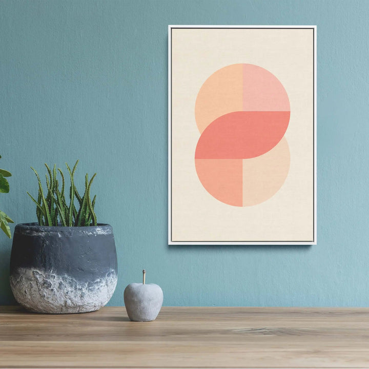 Minimalist abstract peach 42 pastel geometric art print with overlapping coral circles on cream background in white frame