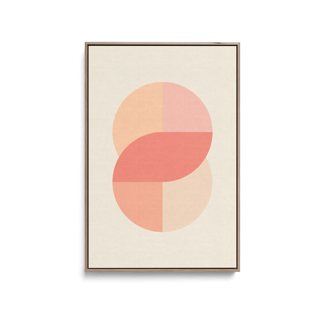 Peach 42 pastel geometric stretched canvas print with overlapping coral shapes in a light wood frame