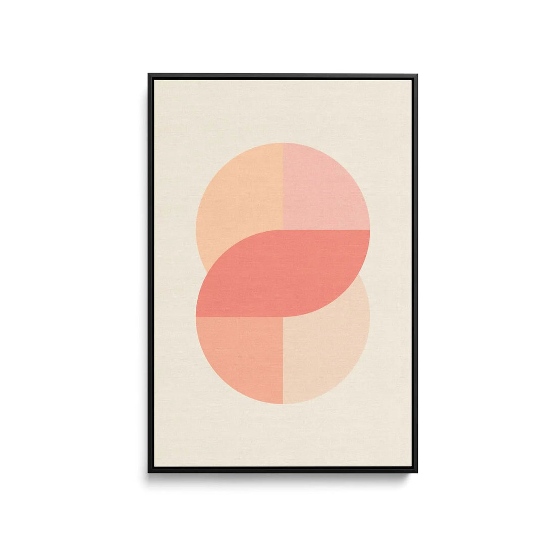 Peach 42 minimalist abstract art print with overlapping peach and coral circles in a black framed fine art print
