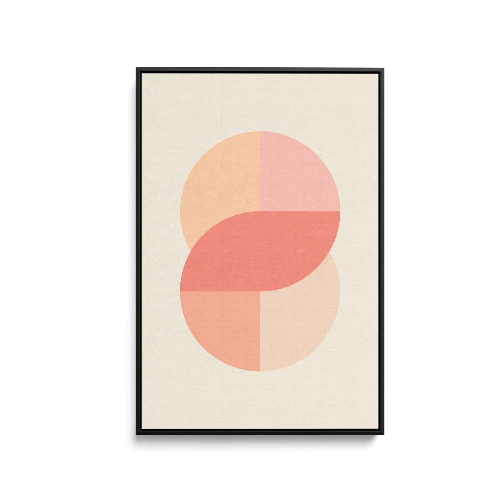 Peach 42 minimalist abstract art print with overlapping peach and coral circles in a black framed fine art print