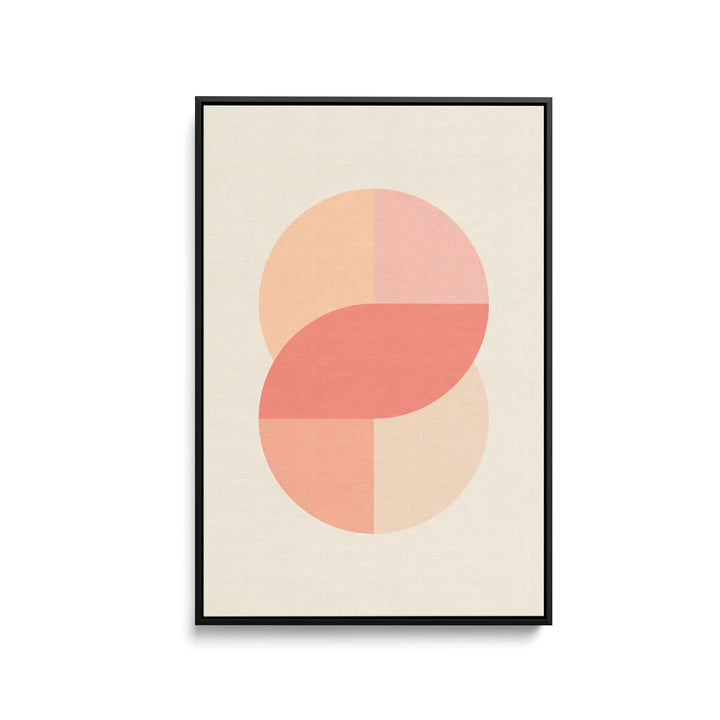 Peach 42 minimalist abstract art print with overlapping peach and coral circles in a black framed fine art print