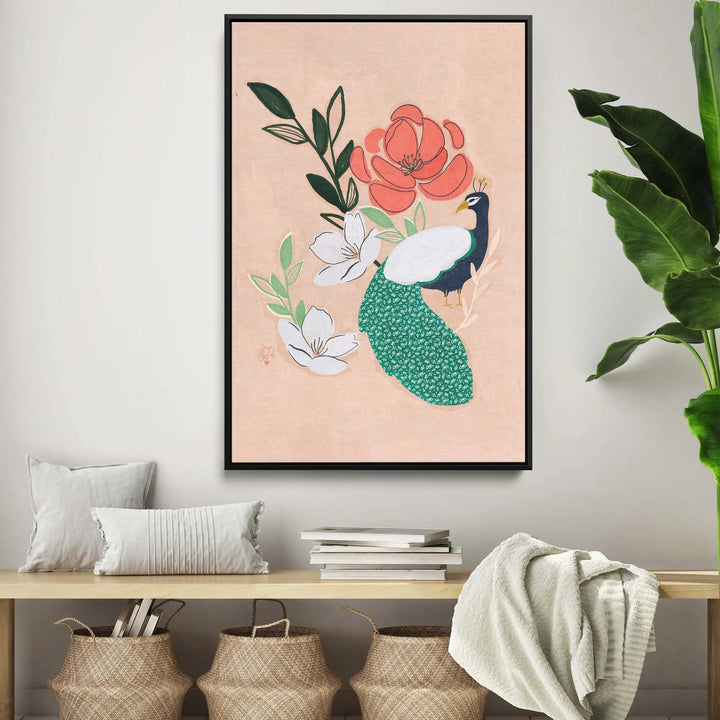 A pastel pink stretched canvas print of peacock and florals by Erum Khalili featuring green and blue feathers and coral flowers
