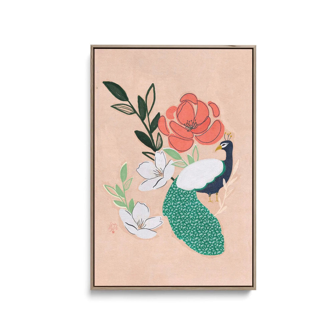 A pastel pink stretched canvas print of stylized peacock with green white black feathers and coral white flowers by Erum Khalili