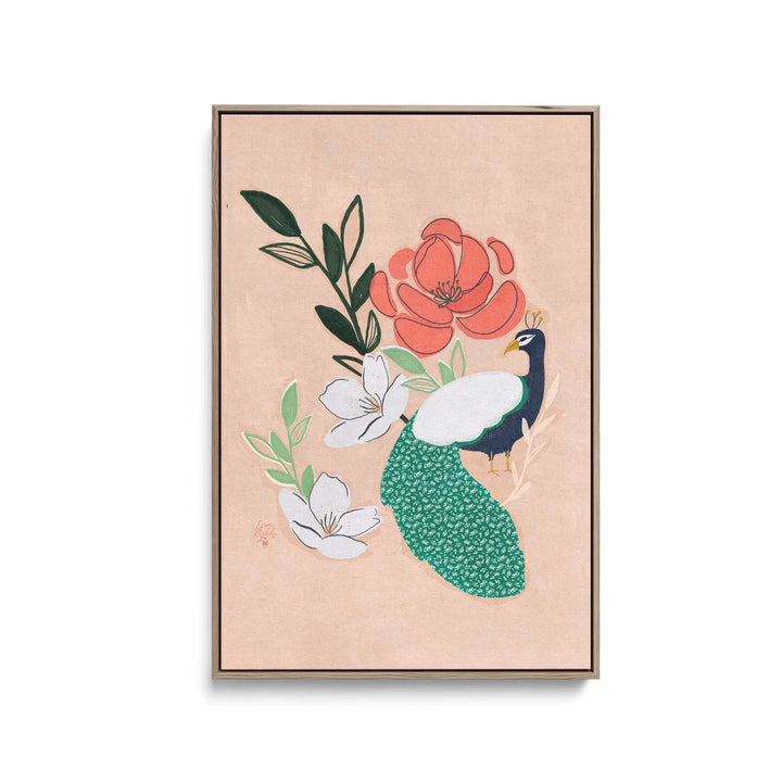 A pastel pink stretched canvas print of stylized peacock with green white black feathers and coral white flowers by Erum Khalili