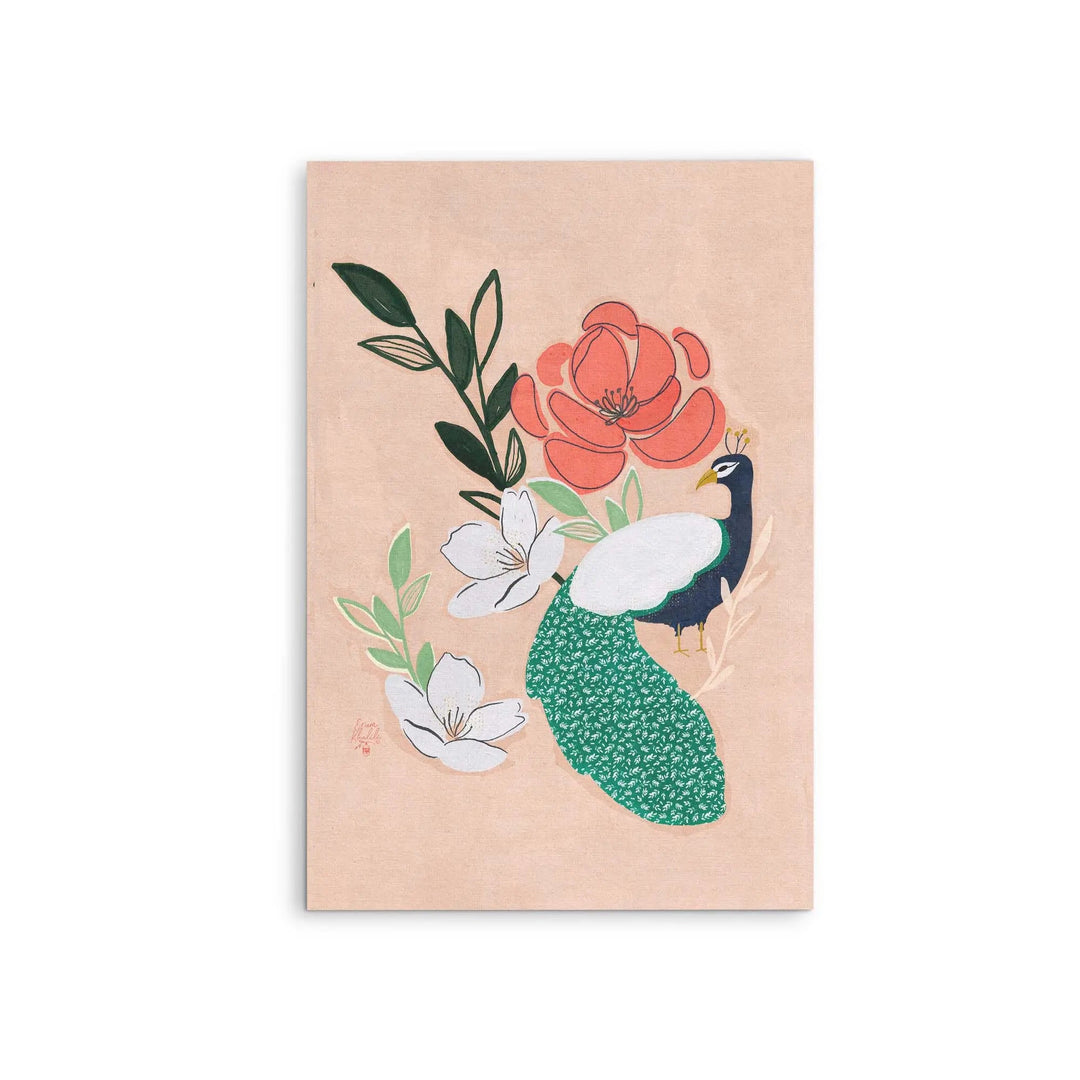 Peach-colored rectangular canvas print featuring a stylized peacock with green feathers and coral-pink florals by erum khalili