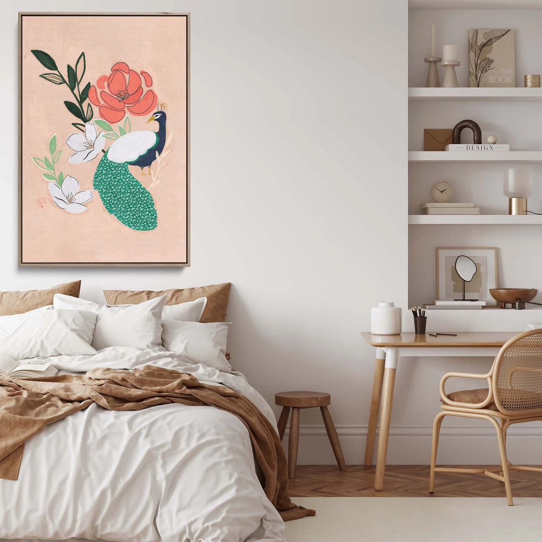 A pastel pink stretched canvas print of peacock and florals by erum khalili featuring green white feathers and red flowers