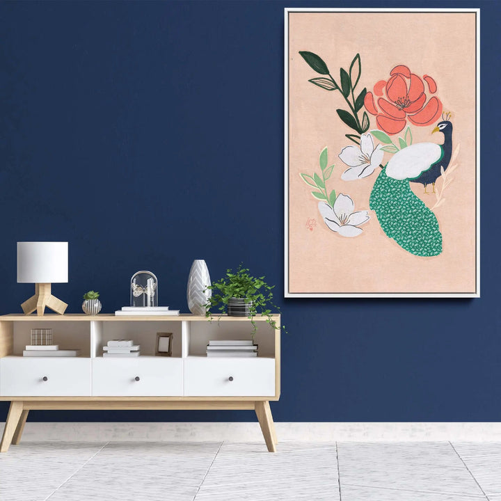 A framed fine art print of peacock and florals by Erum Khalili featuring green and black feathers with red flowers on beige background