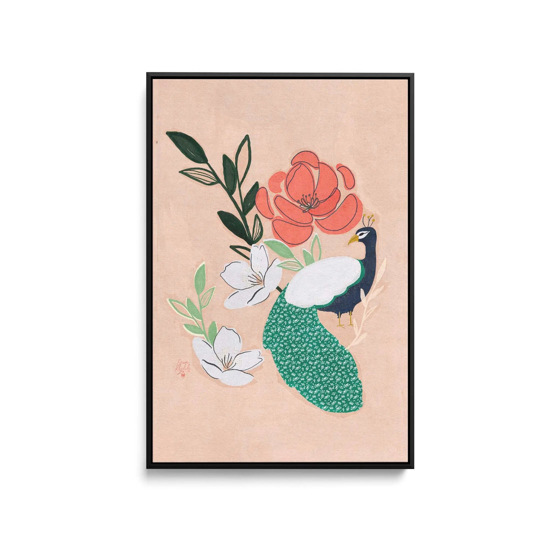 A framed fine art print of peacock and florals by Erum Khalili featuring green and white feathers on pastel pink canvas