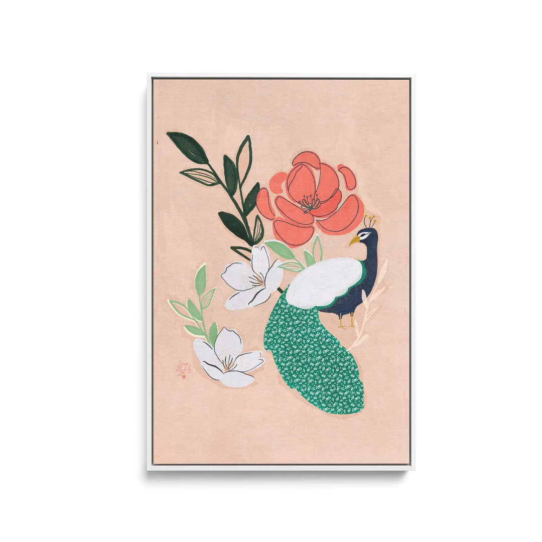 Framed pastel pink stretched canvas print of peacock with green tail feathers among coral flowers by erum khalili