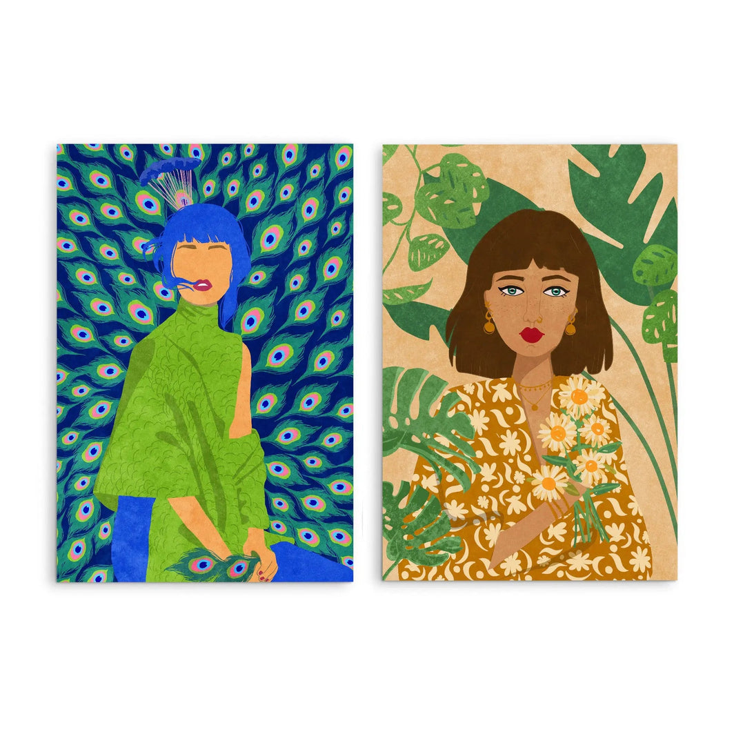 Peacock Woman and Plantlady by  Raissa Oltmanns - Two Piece Stretched Canvas or Art Print Set Diptych I Heart Wall Art Australia 