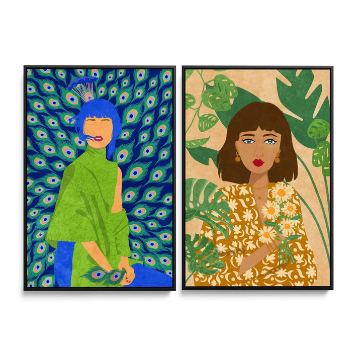 Peacock Woman and Plantlady by  Raissa Oltmanns - Two Piece Stretched Canvas or Art Print Set Diptych I Heart Wall Art Australia 
