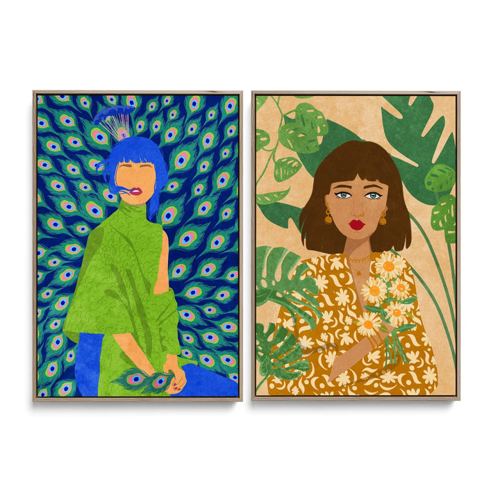 Peacock Woman and Plantlady by  Raissa Oltmanns - Two Piece Stretched Canvas or Art Print Set Diptych I Heart Wall Art Australia 