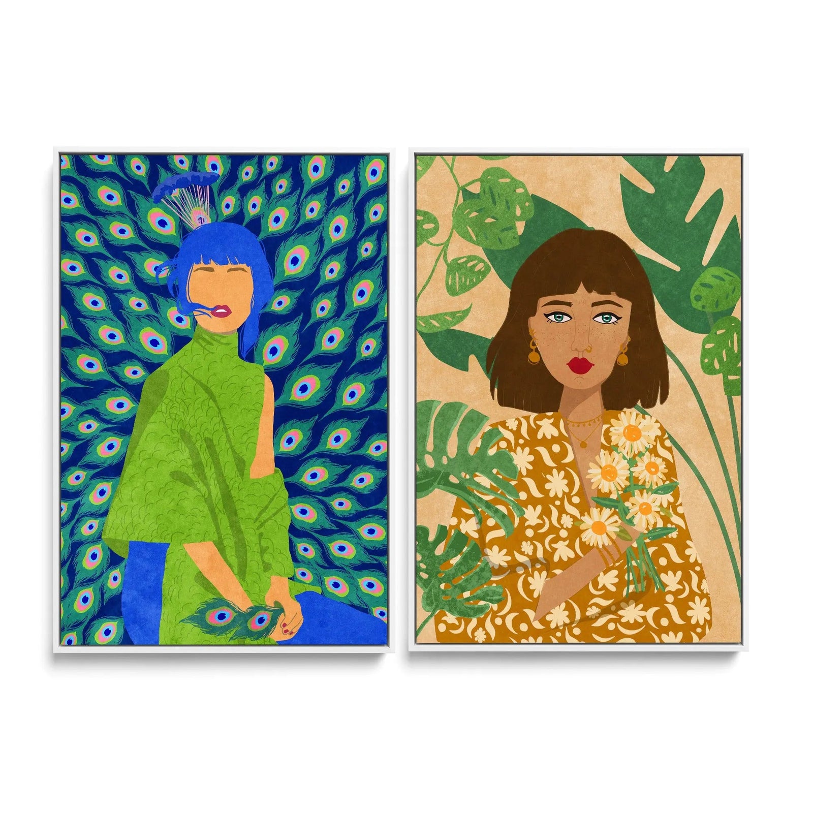 Peacock Woman and Plantlady by  Raissa Oltmanns - Two Piece Stretched Canvas or Art Print Set Diptych I Heart Wall Art Australia 