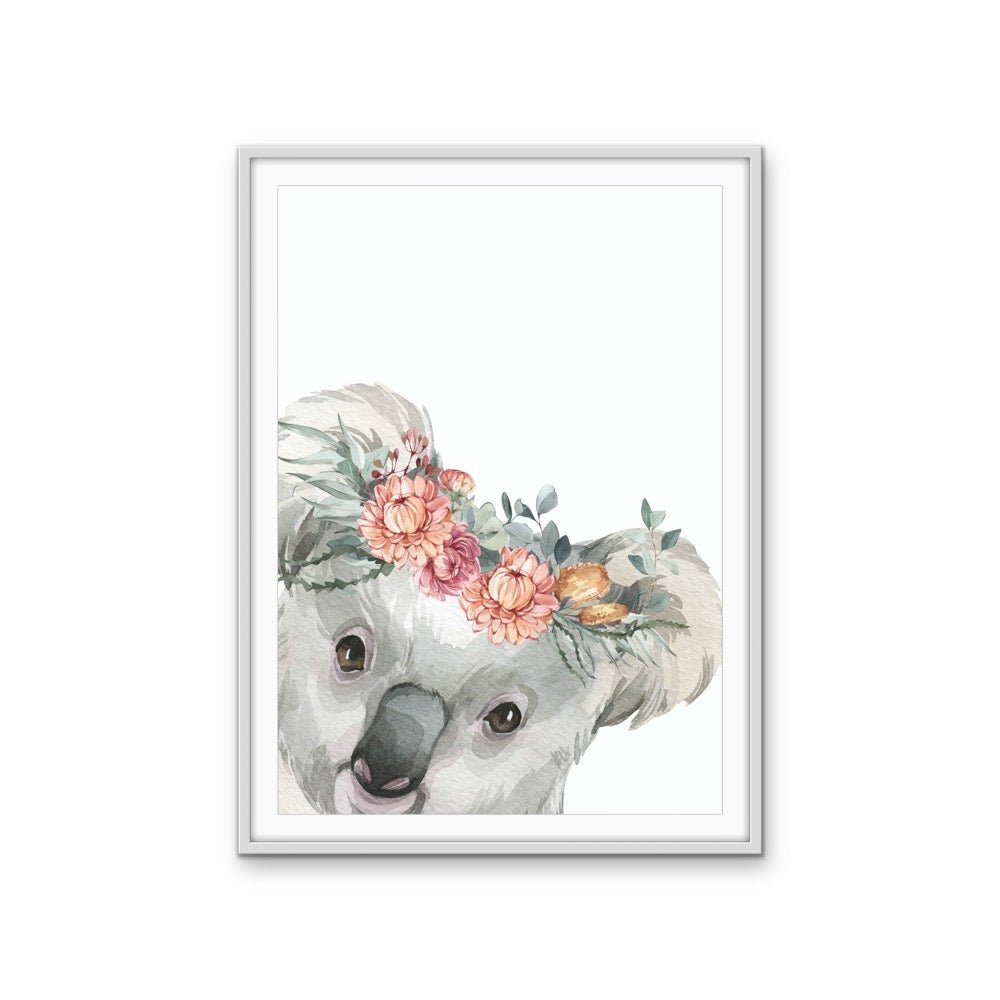 Peeking Koala Flower Crown - Australian Native Animal Stretched Canvas or Wall Art Print - I Heart Wall Art - Poster Print, Canvas Print or Framed Art Print