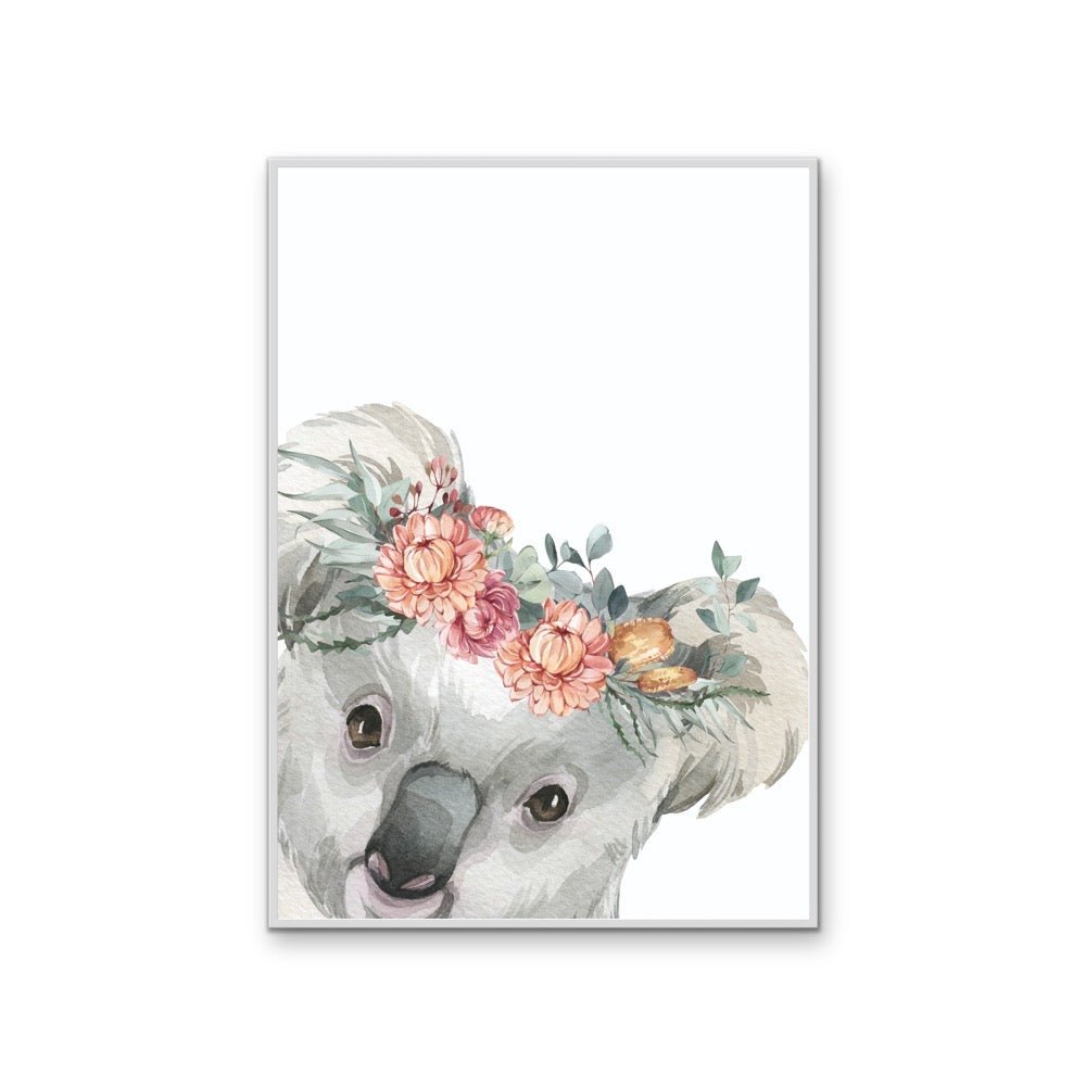 Peeking Koala Flower Crown - Australian Native Animal Stretched Canvas or Wall Art Print - I Heart Wall Art - Poster Print, Canvas Print or Framed Art Print
