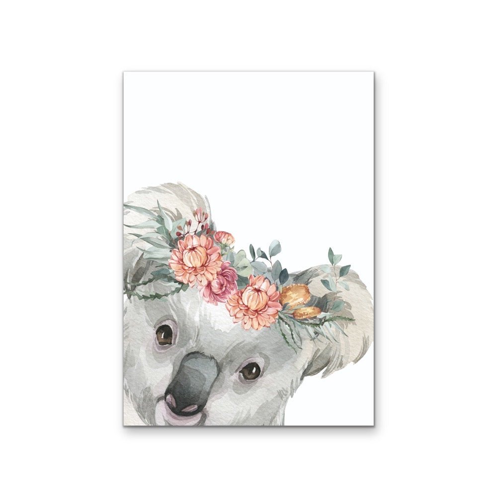 Peeking Koala Flower Crown - Australian Native Animal Stretched Canvas or Wall Art Print - I Heart Wall Art - Poster Print, Canvas Print or Framed Art Print
