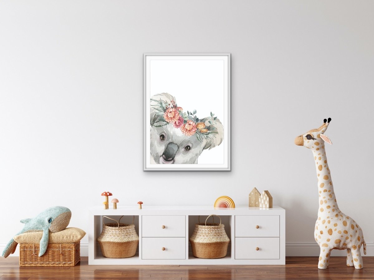 Peeking Koala Flower Crown - Australian Native Animal Stretched Canvas or Wall Art Print - I Heart Wall Art - Poster Print, Canvas Print or Framed Art Print