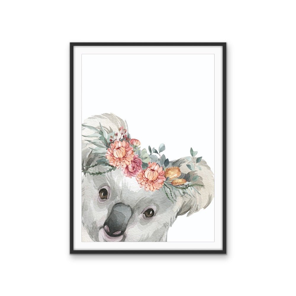 Peeking Koala Flower Crown - Australian Native Animal Stretched Canvas or Wall Art Print - I Heart Wall Art - Poster Print, Canvas Print or Framed Art Print