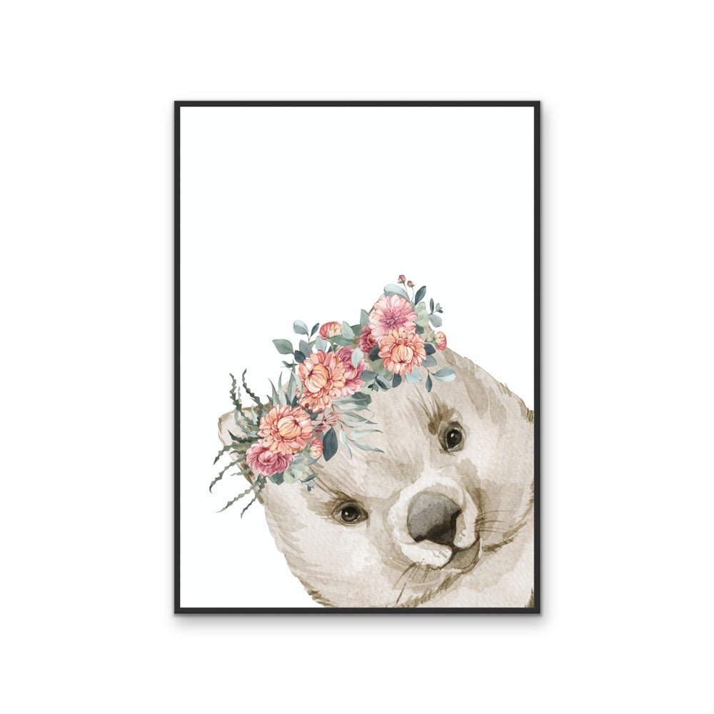 Peeking Wombat Flower Crown - Australian Native Animal Stretched Canvas or Wall Art Print - I Heart Wall Art - Poster Print, Canvas Print or Framed Art Print