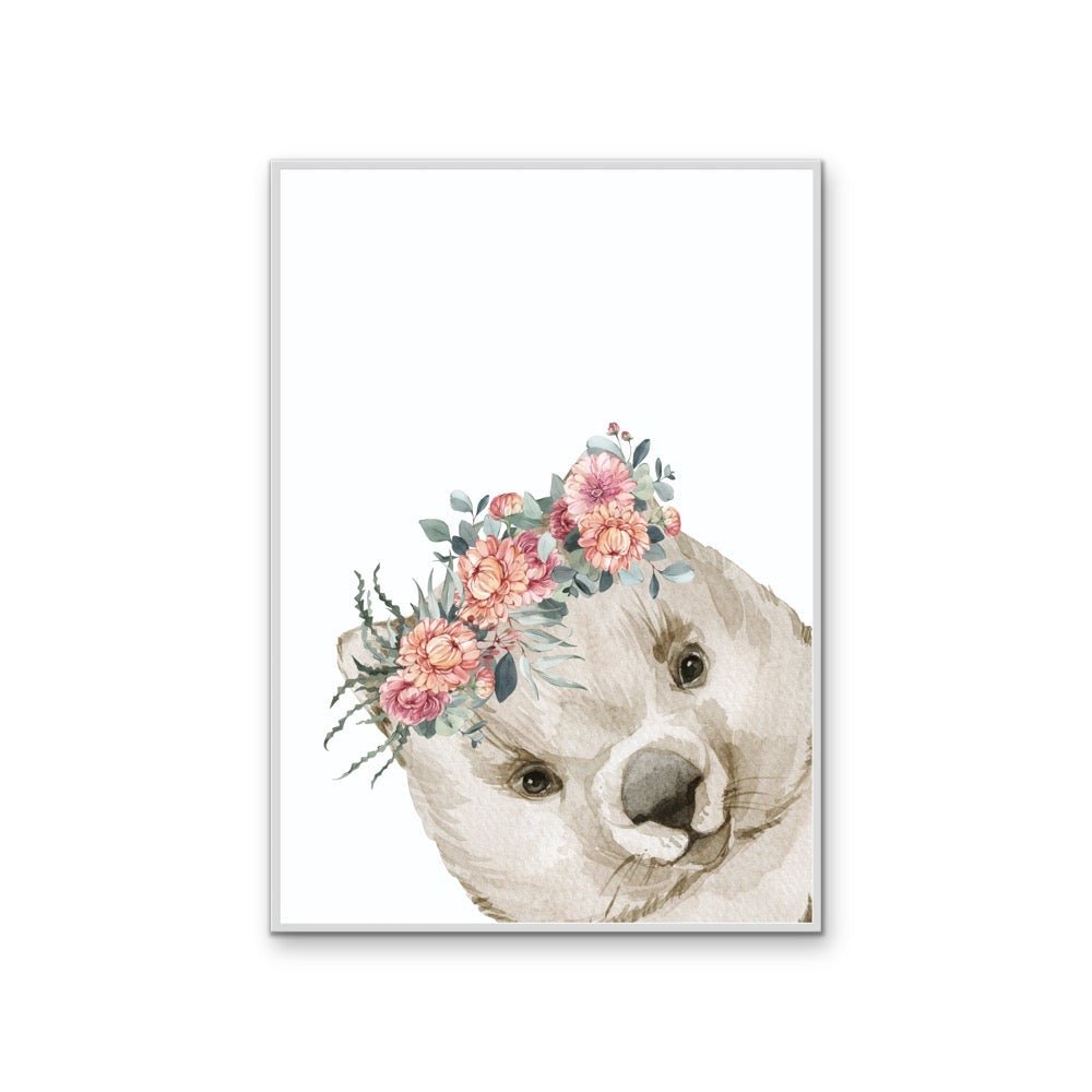 Peeking Wombat Flower Crown - Australian Native Animal Stretched Canvas or Wall Art Print - I Heart Wall Art - Poster Print, Canvas Print or Framed Art Print