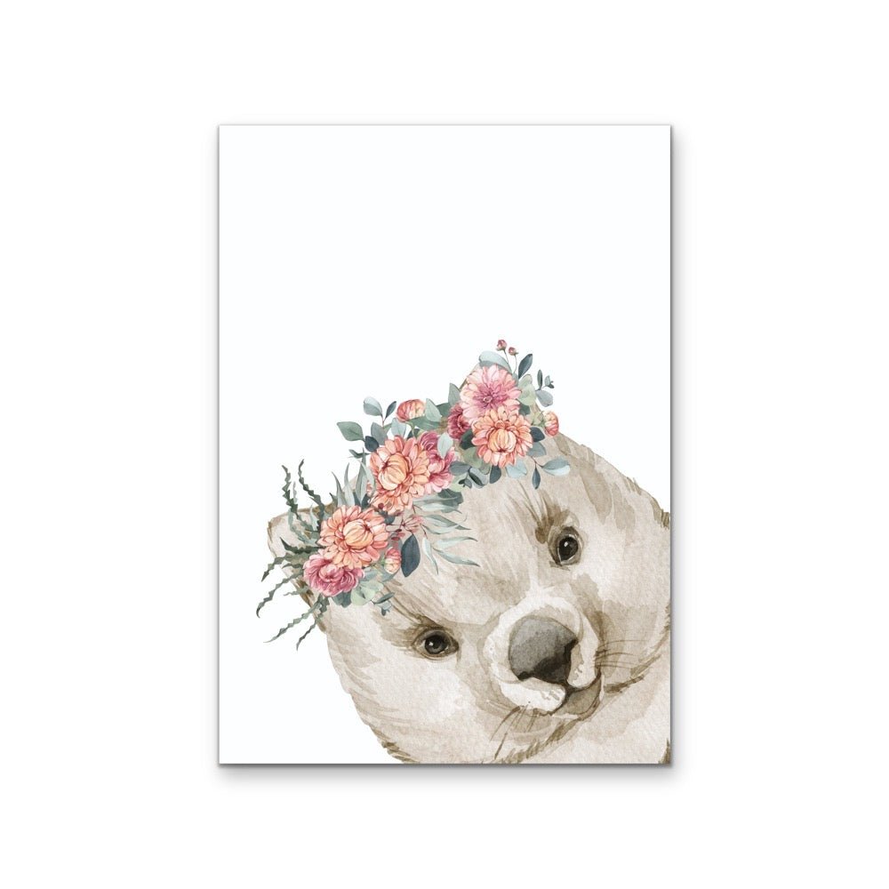 Peeking Wombat Flower Crown - Australian Native Animal Stretched Canvas or Wall Art Print - I Heart Wall Art - Poster Print, Canvas Print or Framed Art Print