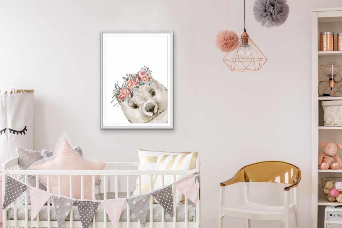 Peeking Wombat Flower Crown - Australian Native Animal Stretched Canvas or Wall Art Print - I Heart Wall Art - Poster Print, Canvas Print or Framed Art Print