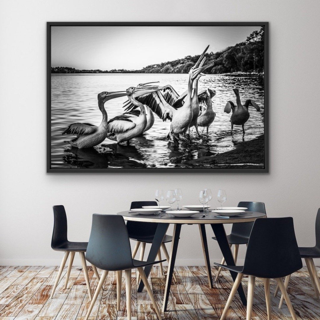Pelicans On The Beach - Black and White Coastal Landscape Framed Canvas Print Wall Art Print - I Heart Wall Art