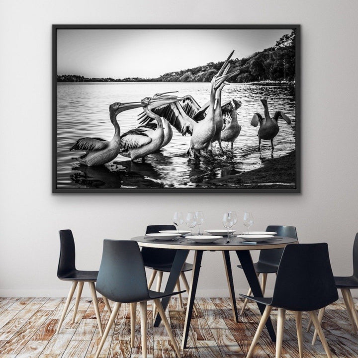 Pelicans On The Beach - Black and White Coastal Landscape Framed Canvas Print Wall Art Print - I Heart Wall Art