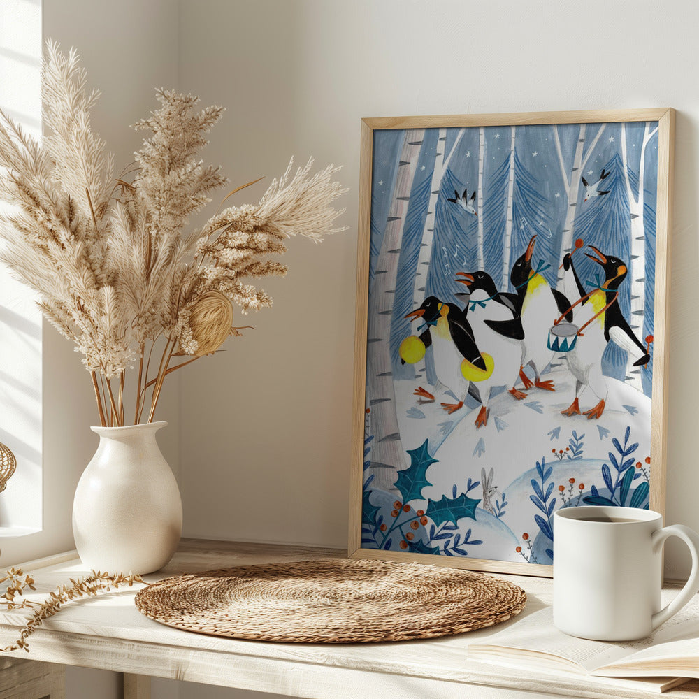 Penguins make music in the forest - Stretched Canvas, Poster or Fine Art Print I Heart Wall Art
