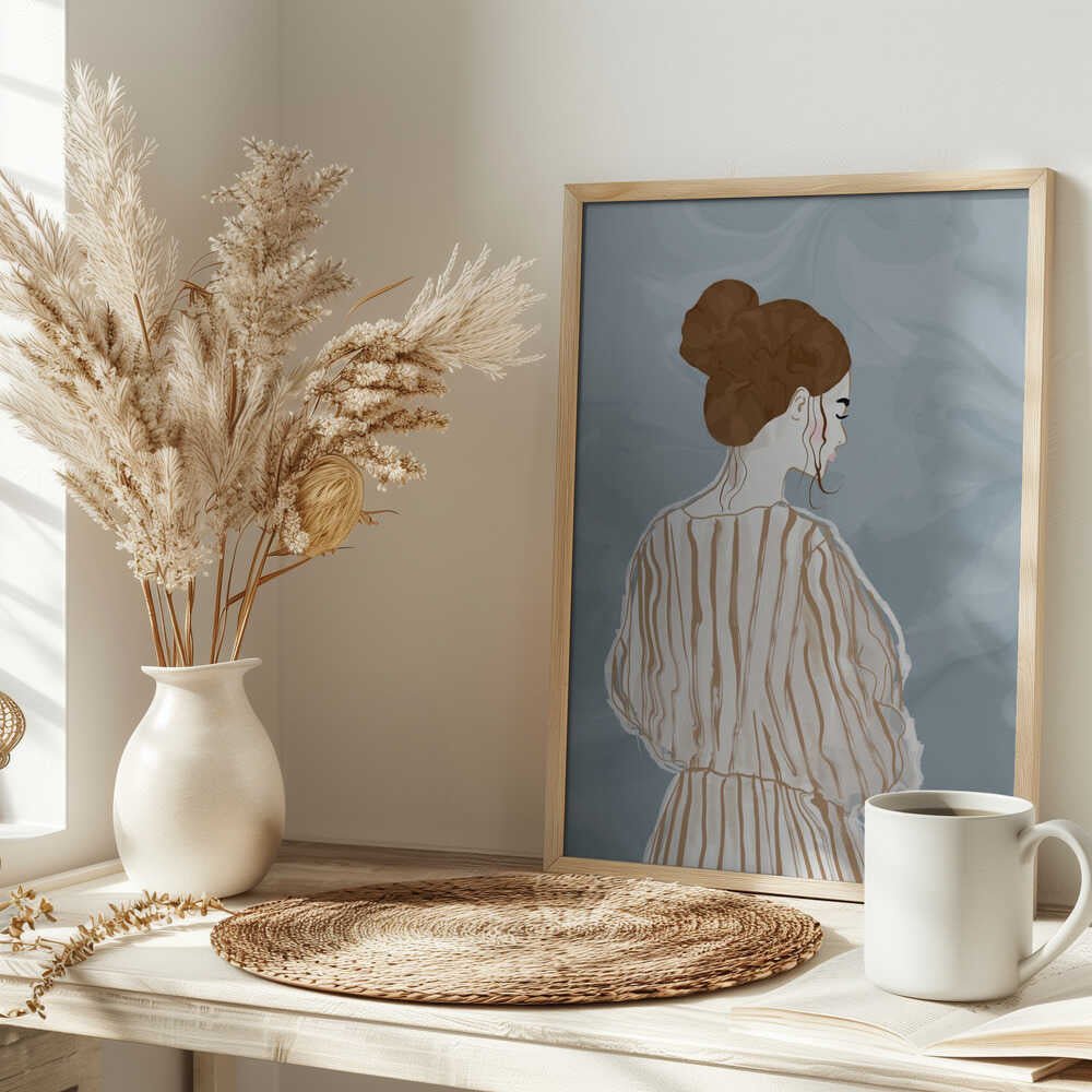 Pensive Woman Striped Dress - Stretched Canvas, Poster or Fine Art Print - I Heart Wall Art - Poster Print, Canvas Print or Framed Art Print