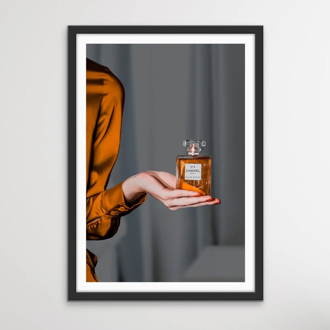 Perfume In Shades of Gold - Gold/Bronze Photographic Print of Woman Holding Bottle of Chanel Perfume I Heart Wall Art Australia 