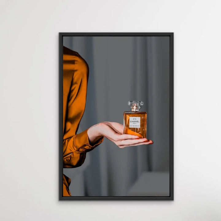 Perfume In Shades of Gold - Gold/Bronze Photographic Print of Woman Holding Bottle of Chanel Perfume I Heart Wall Art Australia 