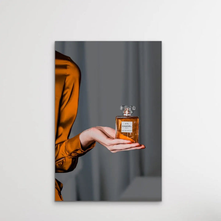 Perfume In Shades of Gold - Gold/Bronze Photographic Print of Woman Holding Bottle of Chanel Perfume I Heart Wall Art Australia 