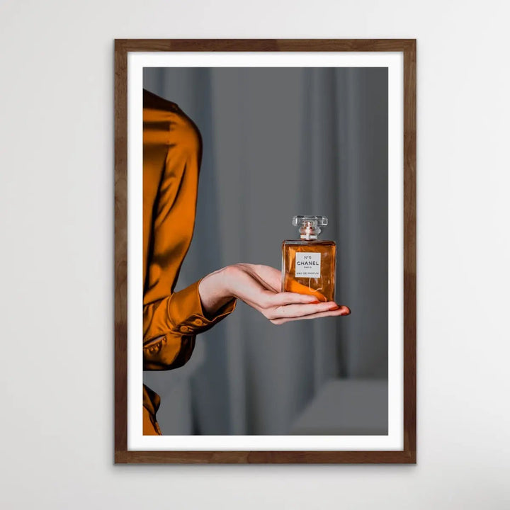 Perfume In Shades of Gold - Gold/Bronze Photographic Print of Woman Holding Bottle of Chanel Perfume I Heart Wall Art Australia 