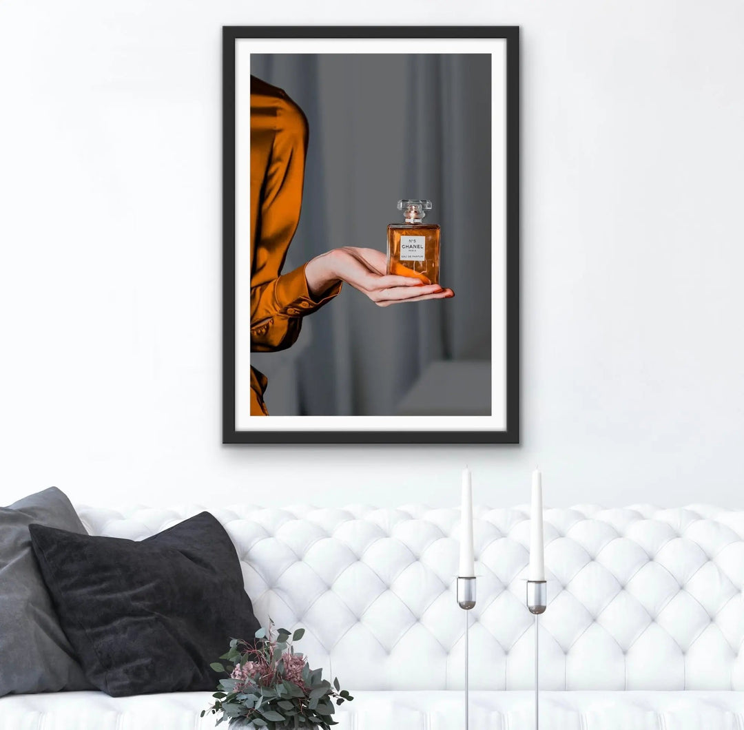 Perfume In Shades of Gold - Gold/Bronze Photographic Print of Woman Holding Bottle of Chanel Perfume I Heart Wall Art Australia 