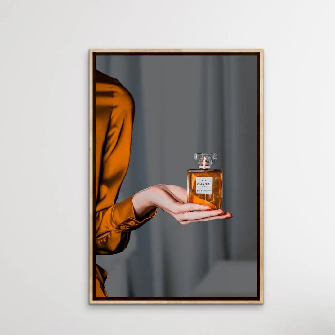 Perfume In Shades of Gold - Gold/Bronze Photographic Print of Woman Holding Bottle of Chanel Perfume I Heart Wall Art Australia 