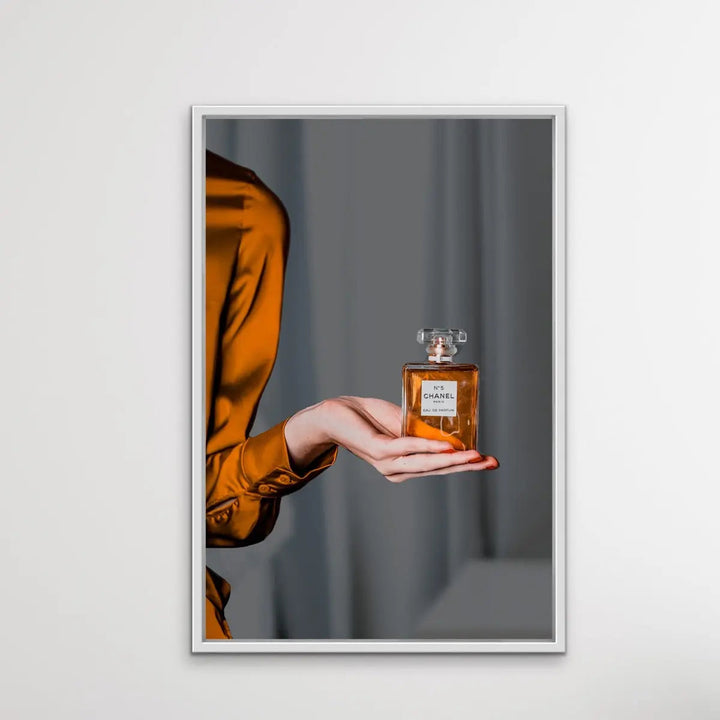 Perfume In Shades of Gold - Gold/Bronze Photographic Print of Woman Holding Bottle of Chanel Perfume I Heart Wall Art Australia 