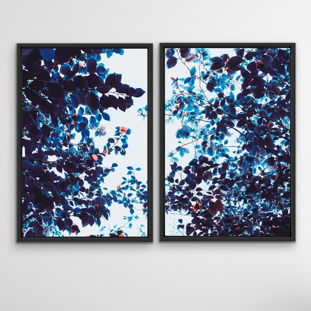 Perspective- Two Piece Blue and Pink Foliage Stretched Canvas Framed Wall Art Diptych - I Heart Wall Art