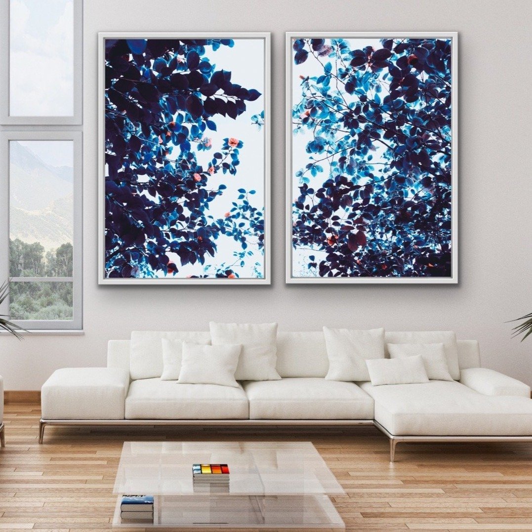 Perspective- Two Piece Blue and Pink Foliage Stretched Canvas Framed Wall Art Diptych - I Heart Wall Art