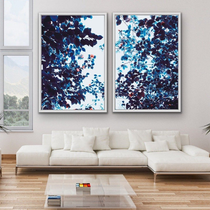 Perspective- Two Piece Blue and Pink Foliage Stretched Canvas Framed Wall Art Diptych - I Heart Wall Art