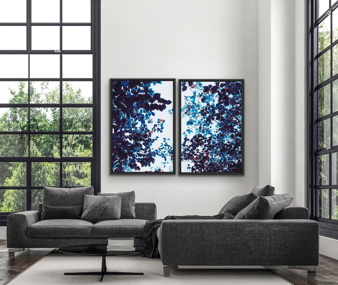 Perspective- Two Piece Blue and Pink Foliage Stretched Canvas Framed Wall Art Diptych - I Heart Wall Art