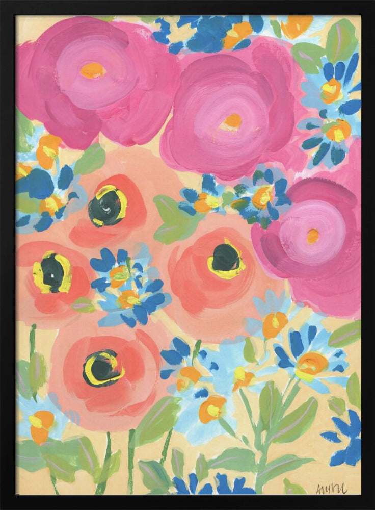 Pink Roses And Coral Anemones - Stretched Canvas, Poster or Fine Art Print I Heart Wall Art