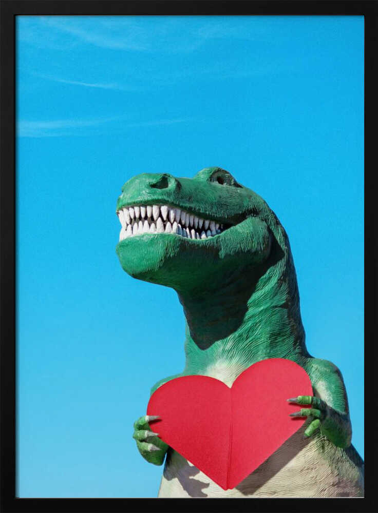 Tyrannosaurus Rex with a Red Paper Heart - Stretched Canvas, Poster or Fine Art Print I Heart Wall Art