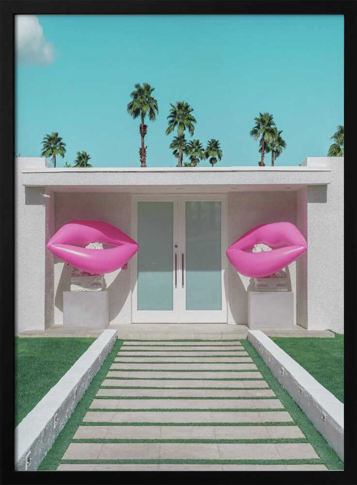 Mid-Century Modern House with Pink Lips - Stretched Canvas, Poster or Fine Art Print I Heart Wall Art