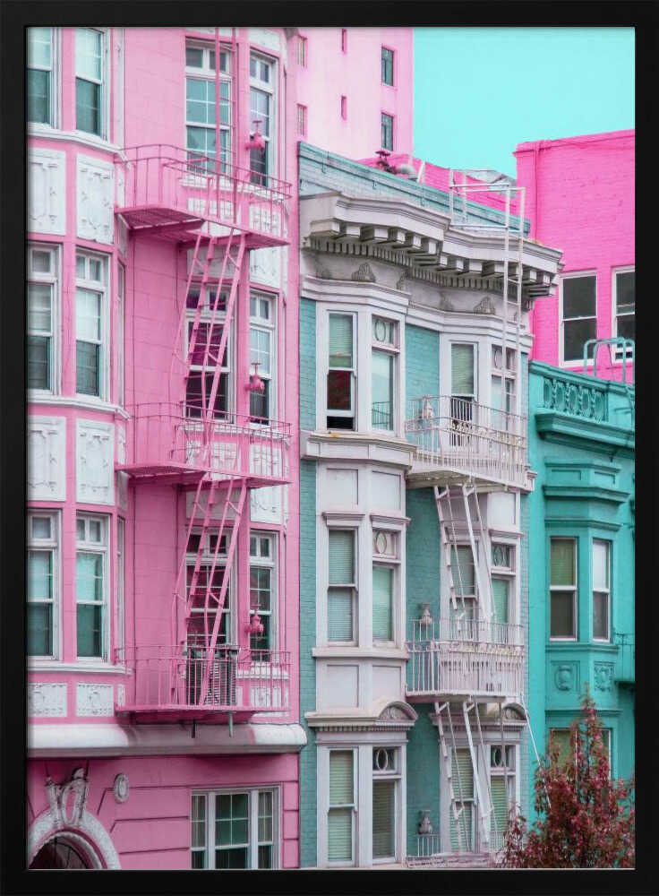 Pink and Blue Row Houses in San Francisco - Stretched Canvas, Poster or Fine Art Print I Heart Wall Art