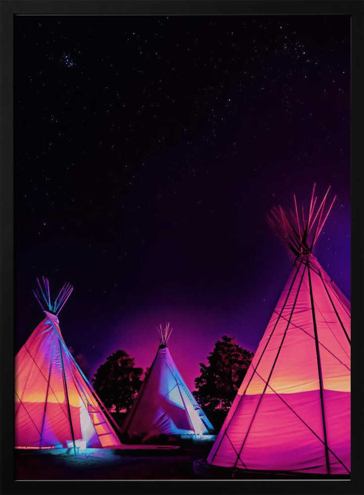 Vaporwave Teepees Glowing at Night Under Stars In Marfa Texas - Stretched Canvas, Poster or Fine Art Print I Heart Wall Art