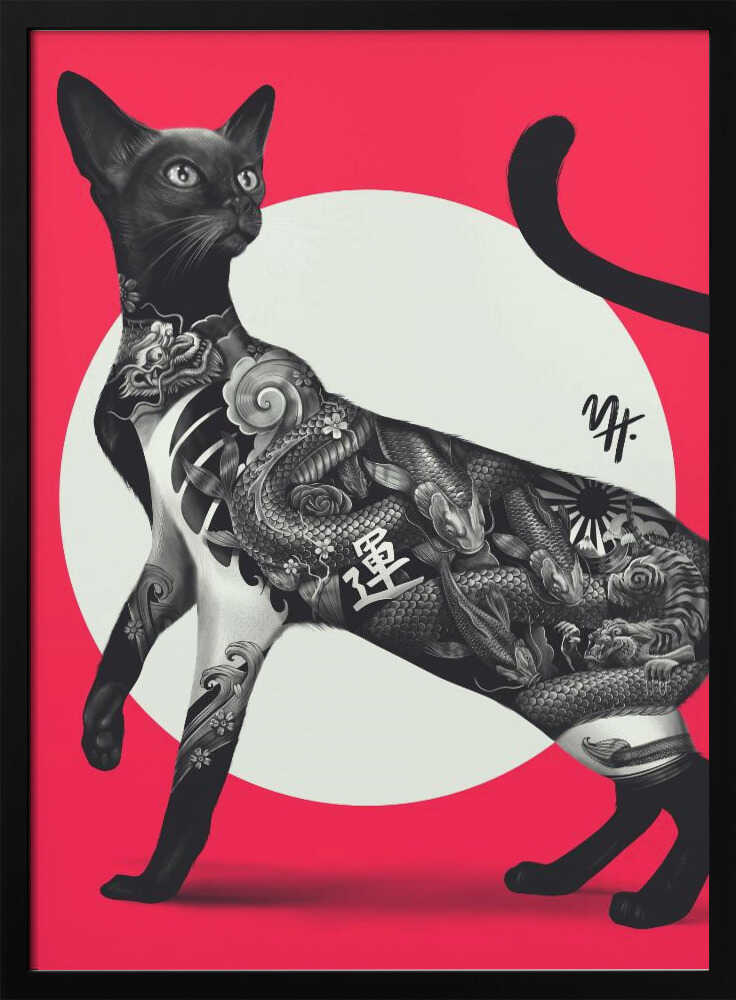 Japanese Cat Tattoo Red - Stretched Canvas, Poster or Fine Art Print